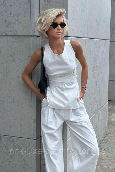 Брюки - палаццо жіночі лляні, літні, з кишенями, однотонні, Білий, XS 2261994254 фото