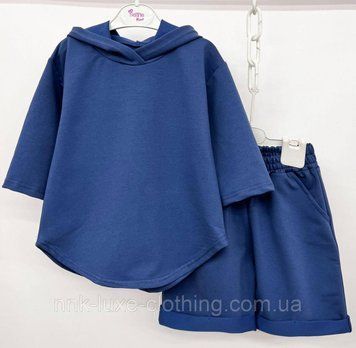 Костюм - двійка дитячий літній, худий з коротким рукавом, з капюшоном, шорти, оверсайз, Синій, 122-128 2232988743 фото