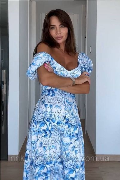 100% предоплата! Платье женское летнее, миди, с коротким рукавом - фонариком, с высоким разрезом, Голубой, S 2281330693 фото