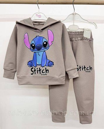 Костюм детский спортивный без утепления, худи с капюшоном с принтом stitch стич, штаны, Кофейный, 86-92 2576065668 фото