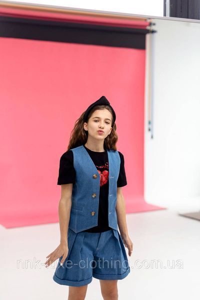 Костюм двійка дитячий, підлітковий, з шортами, жилет, шорти, для дівчинки, Синій, 110-116 2180257990 фото